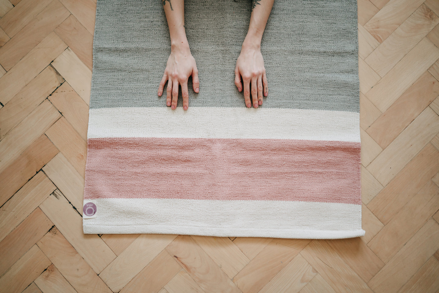 LEELA Yoga Rug • Organic Cotton Yoga Mat with Herbal & Plant based Dyes • Vemgadam light grey & Manjistha pink •
